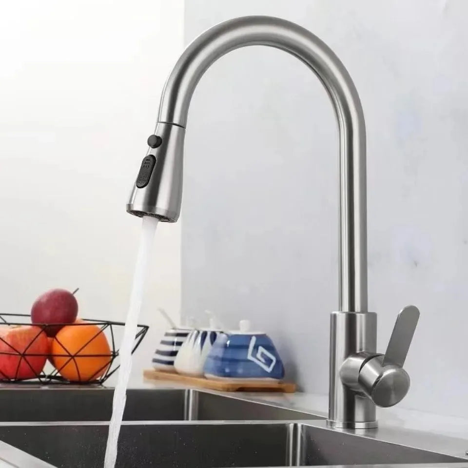 Kitchen Faucets 304 Stainless Steel Pull Out Kitchen Sink Water Tap Deck Mounted Mixer Stream Sprayer Head Hot Cold Taps